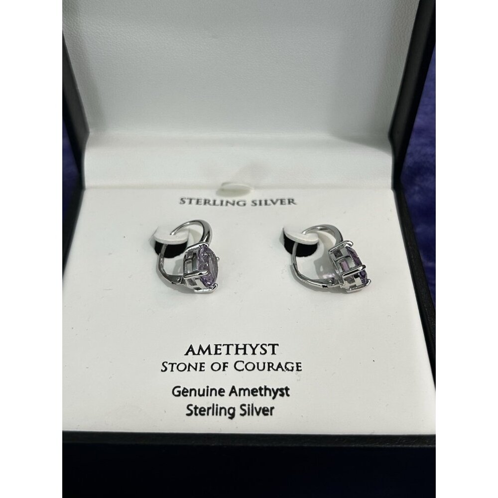 Genuine Amethyst 925 Sterling Silver Hoop Dangle Earrings